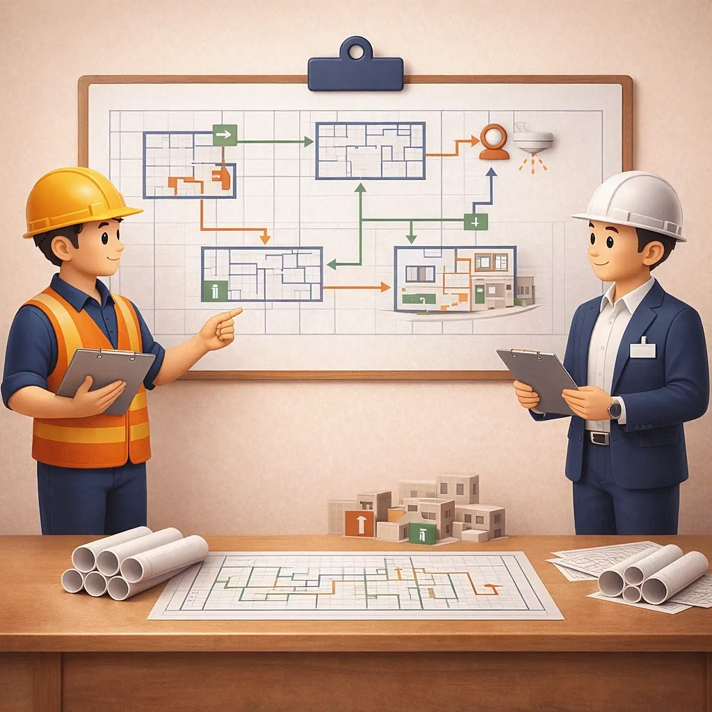 Premium 3D illustration showing Building Plan fire safety review for commercial premises in Singapore