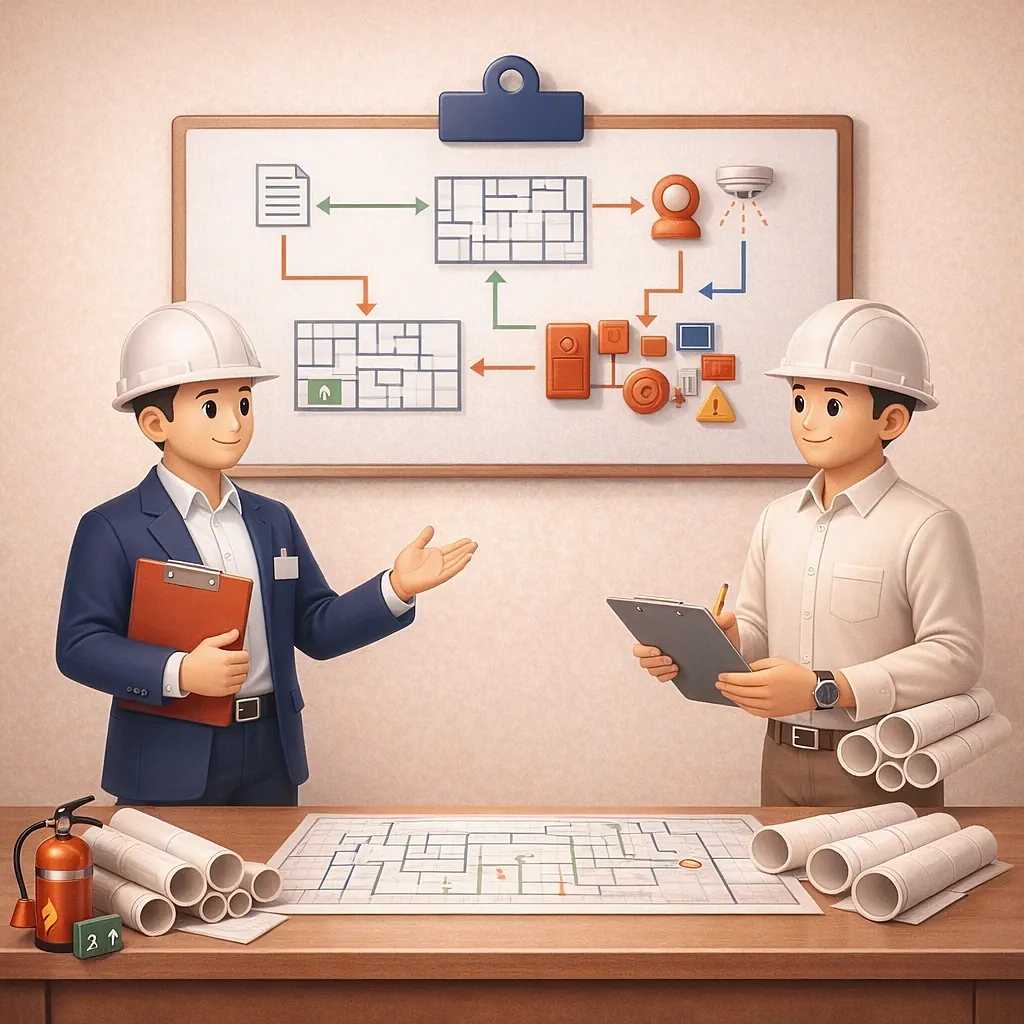 Premium soft 3D illustration showing FSSD submission route review for a commercial project in Singapore
