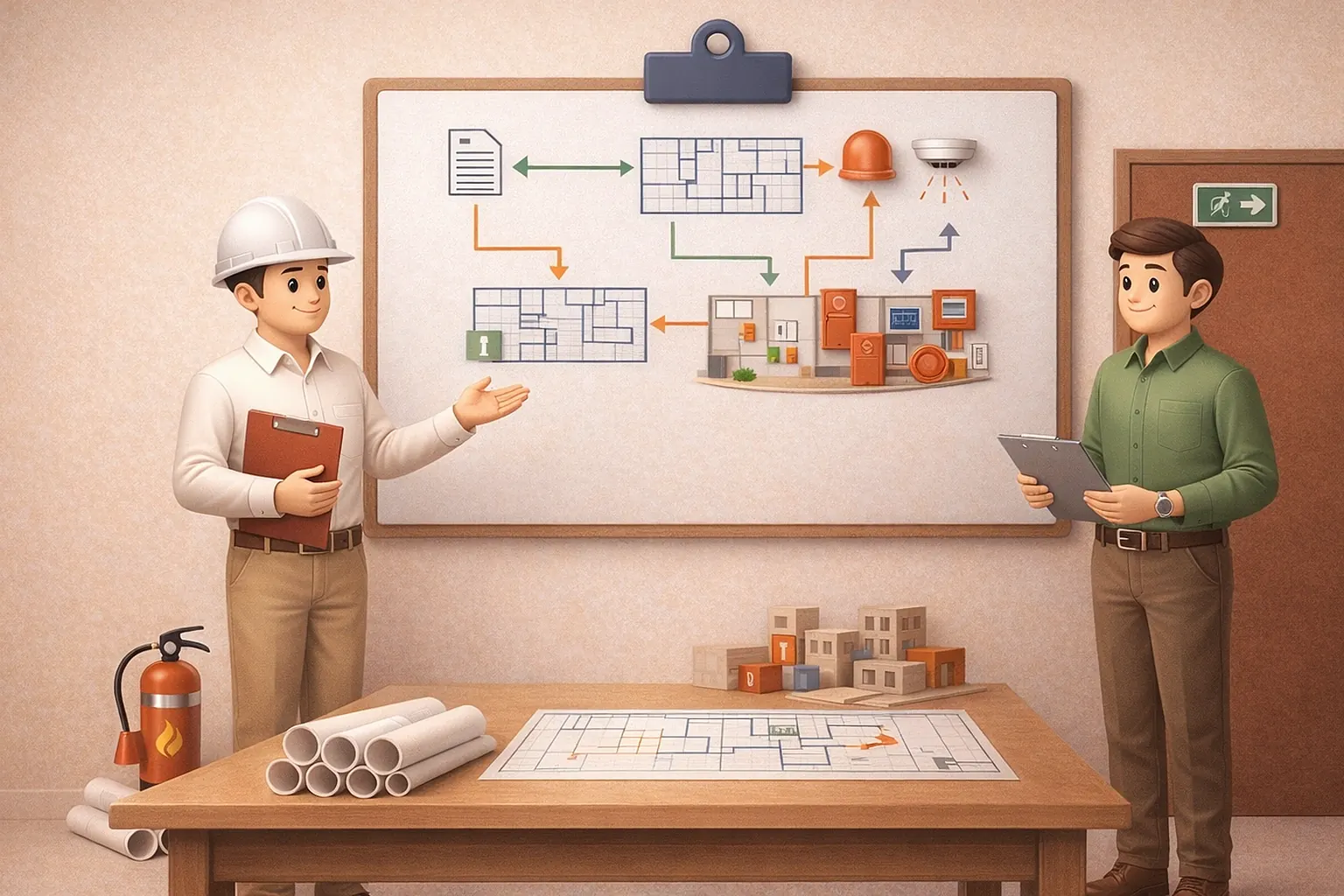 Premium 3D illustration showing Minor A&A fire safety route review for a commercial alteration project in Singapore