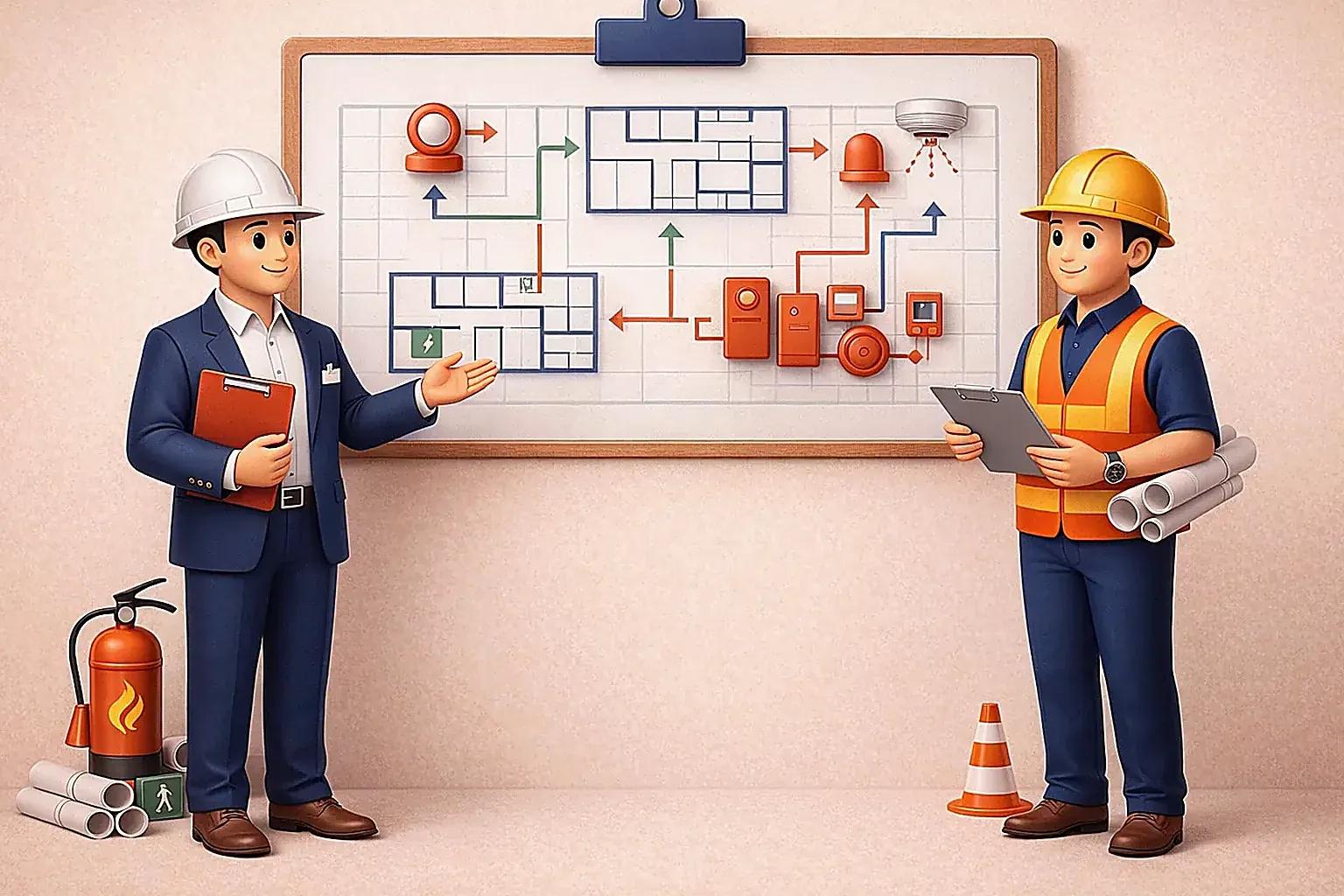 Premium 3D consultation illustration showing a project team preparing an FSSD submission quote brief in Singapore
