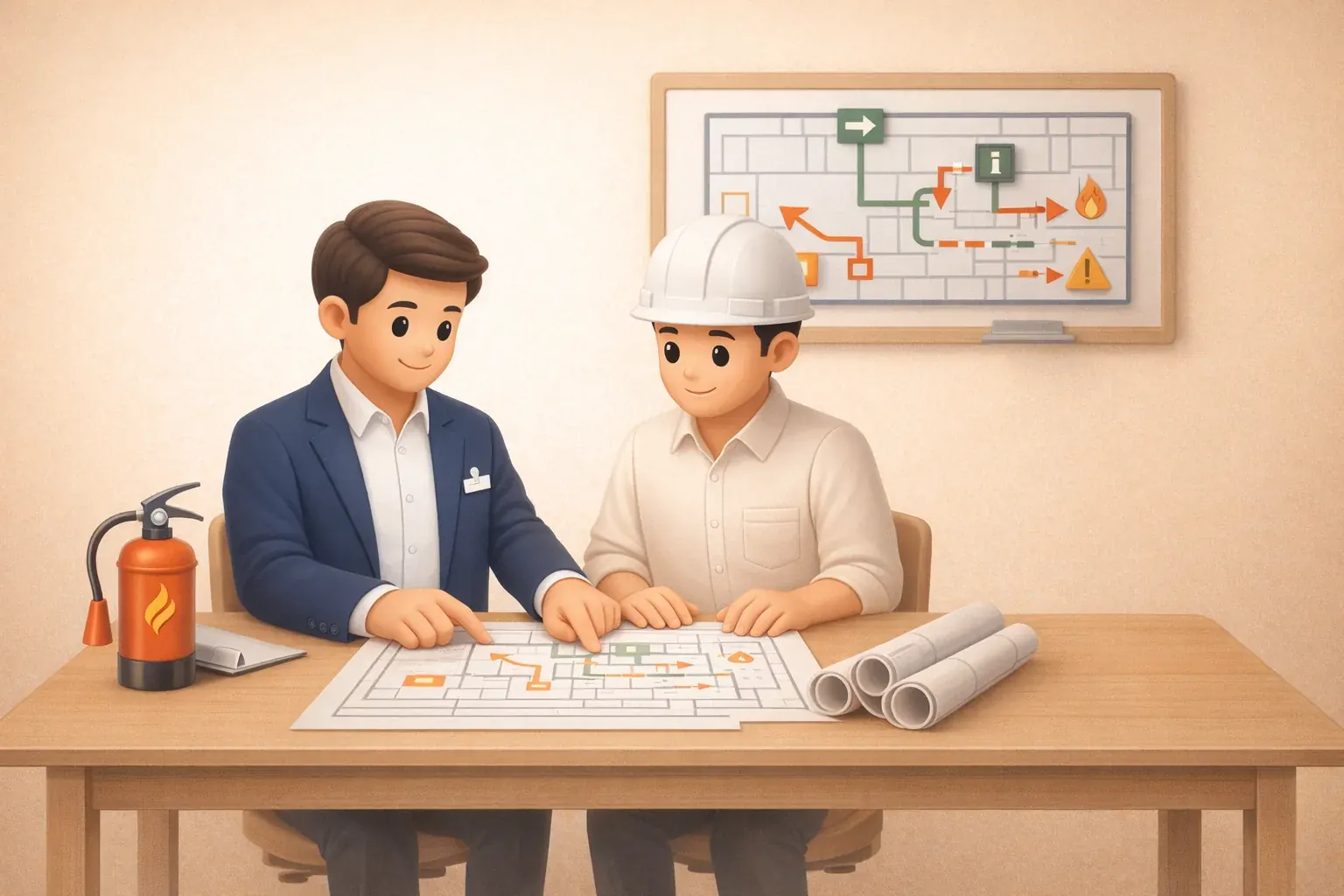 Premium 3D consultation illustration showing a Singapore commercial project team reviewing fire safety drawings and submission coordination