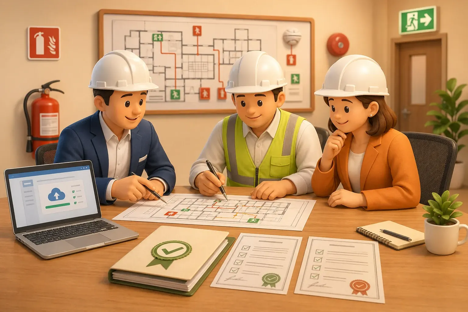 Premium 3D illustration showing Fire Safety Certificate and Temporary Fire Permit coordination for a Singapore commercial project