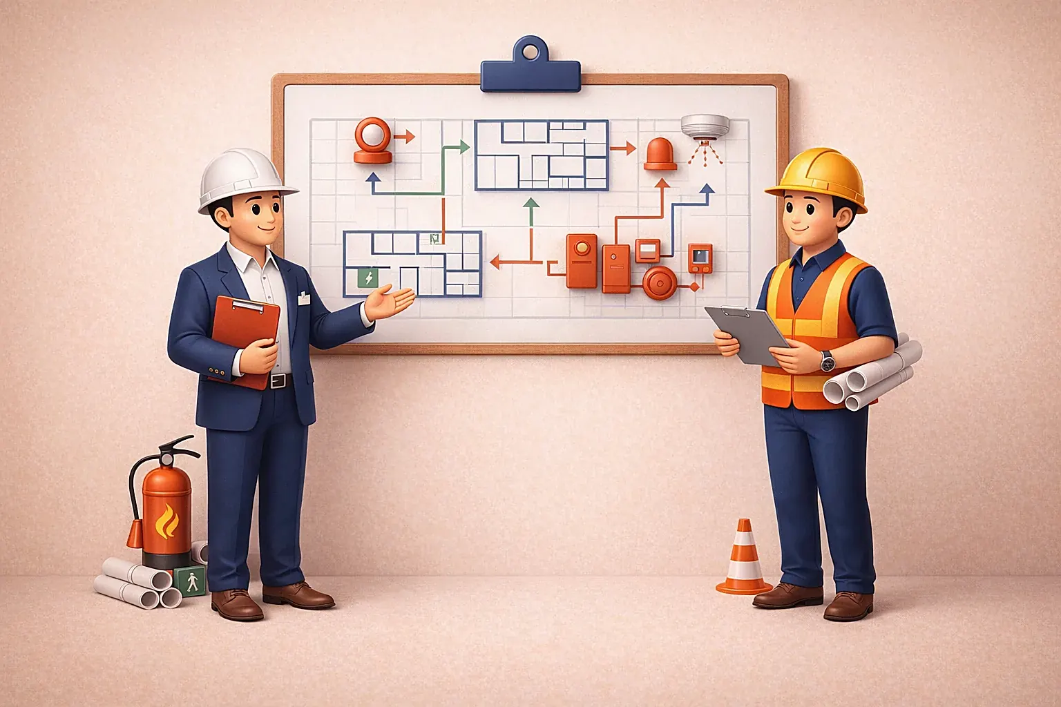 Premium soft 3D illustration of a consultant and site representative reviewing fire safety submission routes for a commercial project in Singapore