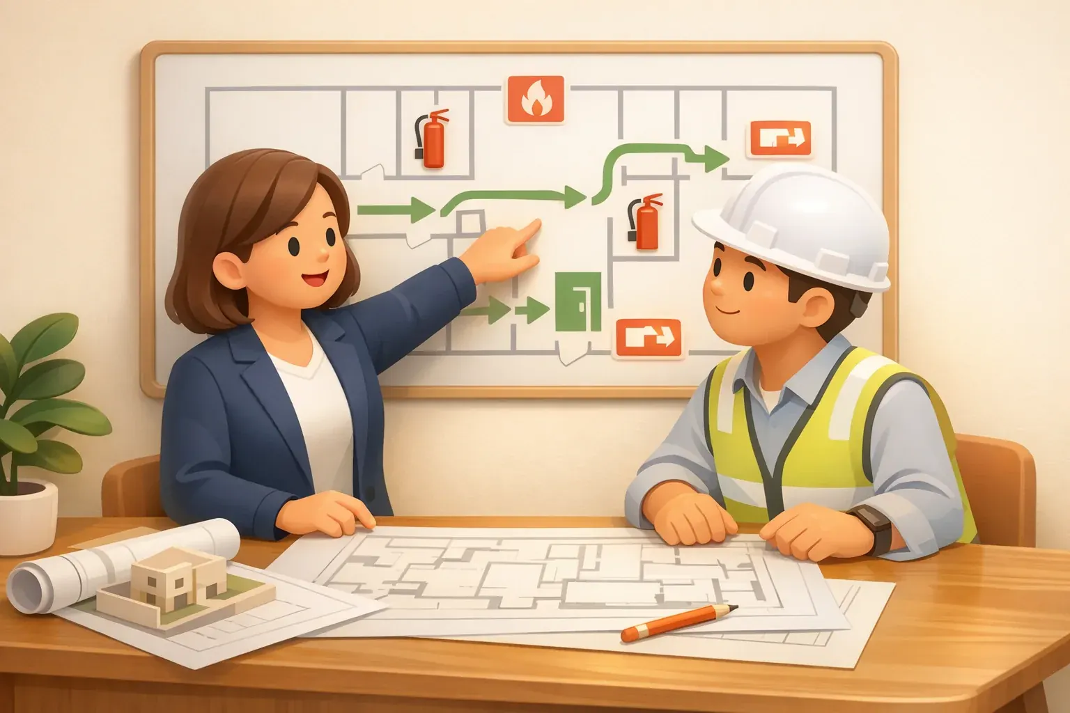 Premium 3D illustration showing project route review and fire safety coordination